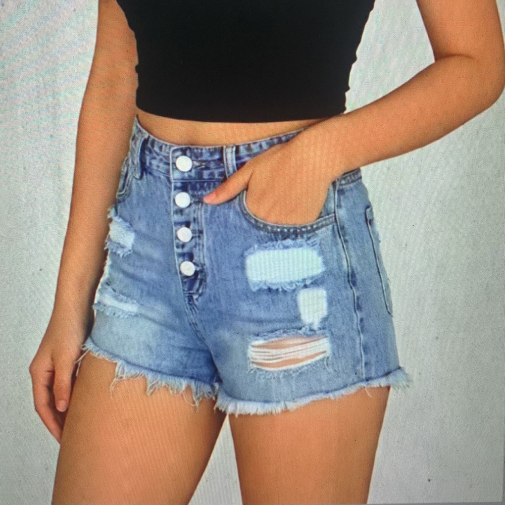 High-Waist Distressed Denim Shorts - Light Blue - Picture 3 of 3